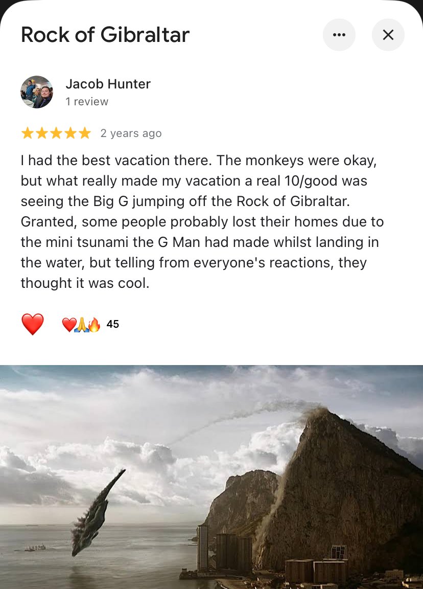 Mr_goji54's tweet photo. People spamming google reviews of Rock of Gibraltar durning the GxK Era was crazy 😭 https://t.co/N9xXDw0BJi
