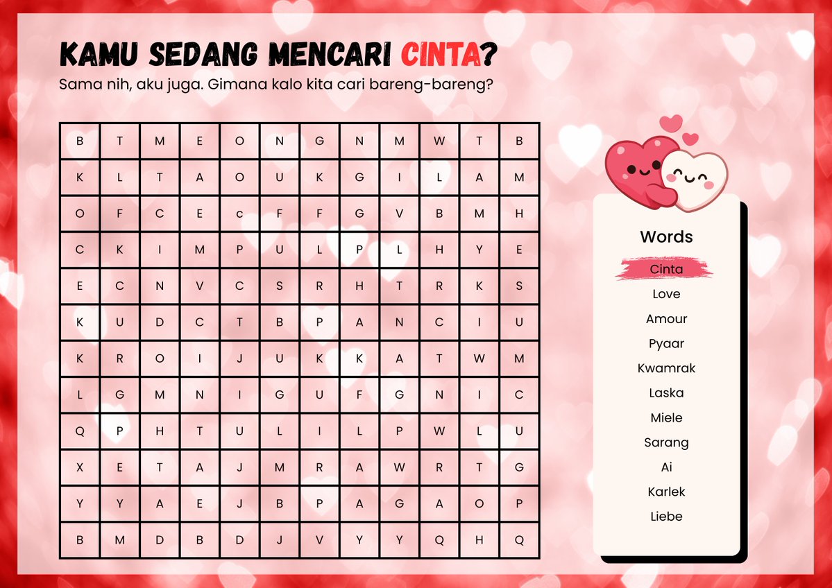 MinjiSiren's tweet photo. HTP game malam ini? Seperti permainan Find Words pada umumnya ya. Nanti aku bakalan kasih lembar soal berisikan tabel full huruf acak dan kalian harus temuin kata-kata yang aku warnain di sisi kanan.

Contoh tabel dan kata yang harus ditemuin: https://t.co/zmlse1o123