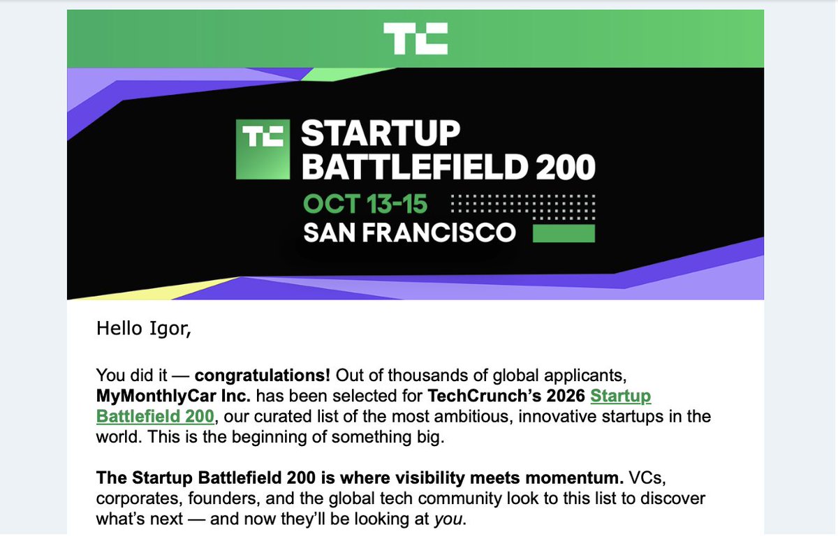 MyMonthlyCar's tweet photo. We’re excited to share that MyMonthlyCar has been selected for @TechCrunch's 2026 Startup Battlefield 200
Out of thousands of startups from around the world, MyMonthlyCar was chosen to join a curated group of ambitious companies shaping what’s next.
#TechCrunch #Startup #Mobility https://t.co/j4IvpyMFpH
