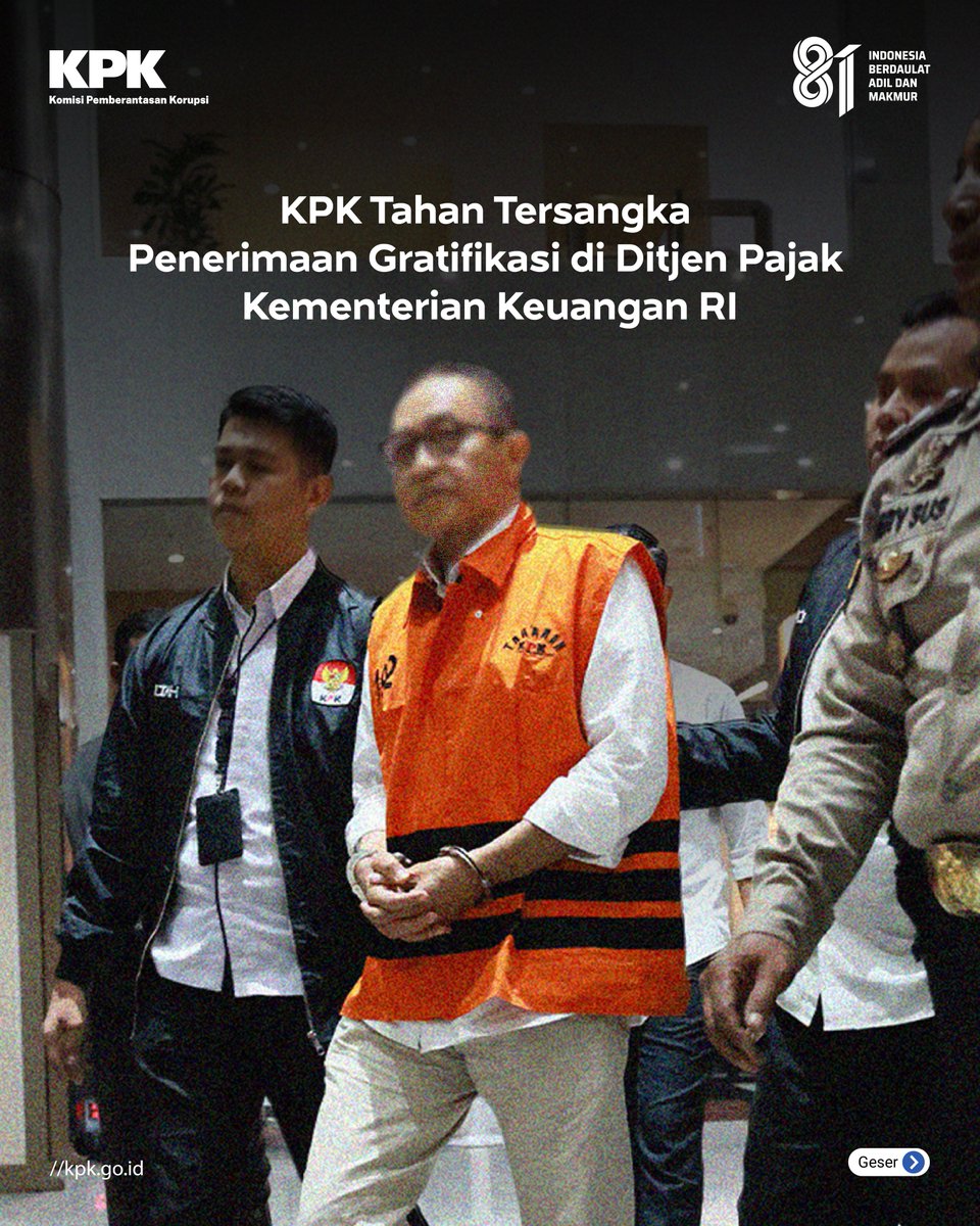 KPK_RI's tweet photo. Jakarta, 19 Agustus 2026
KPK menahan HNV (Kepala Kanwil DJP Prov. Banten 2011-2015 dan Kepala Kanwil DJP Jakarta Khusus 2015-2018) sebagai tersangka korupsi terkait penerimaan gratifikasi di lingkungan DJP Kementerian Keuangan RI. https://t.co/HPW5YcbSS0