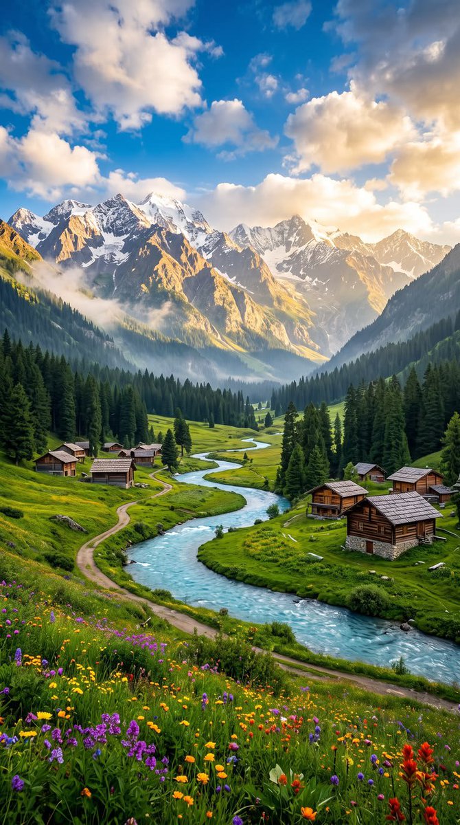 naturetherapyx's tweet photo. Snow capped peaks,
a winding blue river,
wooden cabins and wildflowers.
If this isn't heaven,
what is? https://t.co/dK8JTMInN1