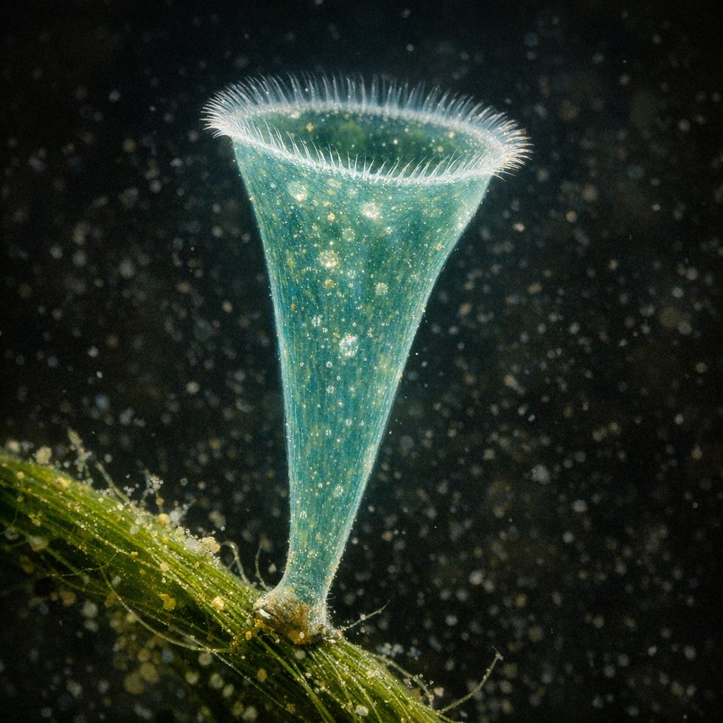 ebaaaay1's tweet photo. Poke it and it collapses into a ball in a fiftieth of a second. Stentor, up to 2 mm - one single cell, with no muscle at all. It still flinches. https://t.co/UOWR5iLScJ