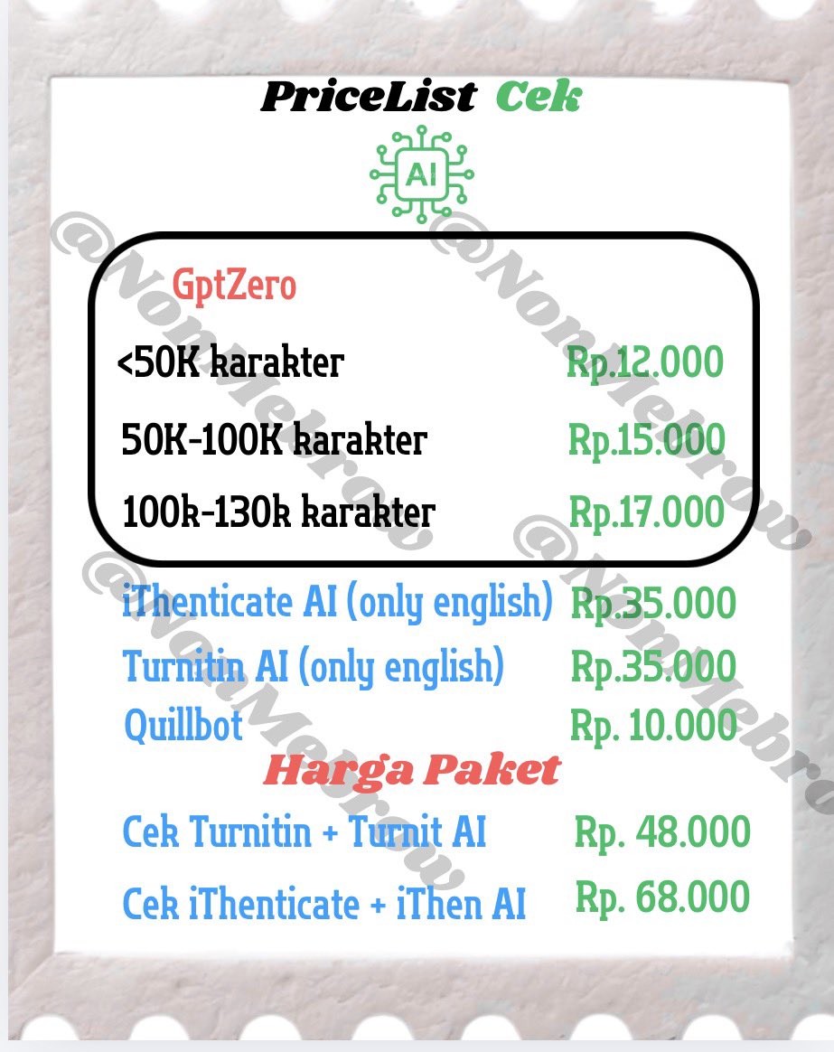 NonMebrow's tweet photo. haii guys, ready cek turnitin dan cek ai, ini untuk pl nya yaa! 
yang mau cek langsung wa ke : https://t.co/i5EMrxDqK9

#turnitin #jokitugas #ithenticate #cekai #ai #quillbot #gptzero https://t.co/mTm279WXTY