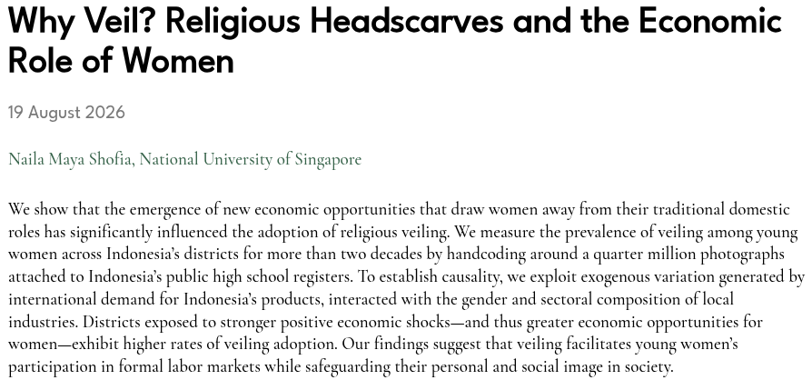 RevEconStudies's tweet photo. 250,000+ hand-coded student photos reveal how religious veiling in Indonesia evolved alongside changing economic opportunities for women and social norms. 

New paper by @NailaShofia1

https://t.co/vVk4BzPpM0

#REStud
#EconX
#EconTwitter https://t.co/j3Y8KMtGdF