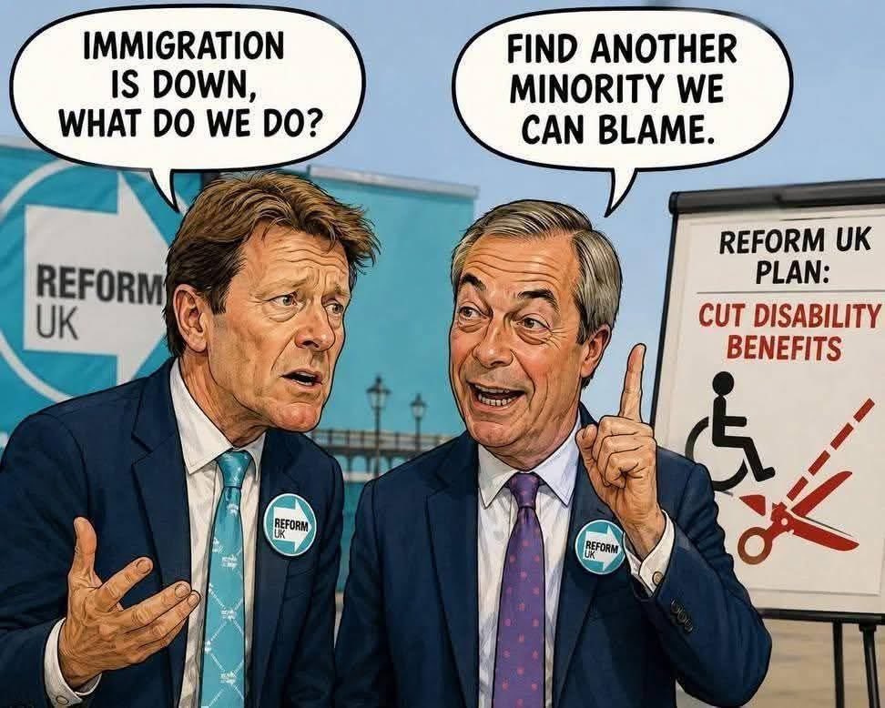 PinkPatriom's tweet photo. Reform coming for vulnerable and disabled. Once they’ve brushed away the attention on this, who is next? #Fascism #reform #farage https://t.co/qBekBGJvjS