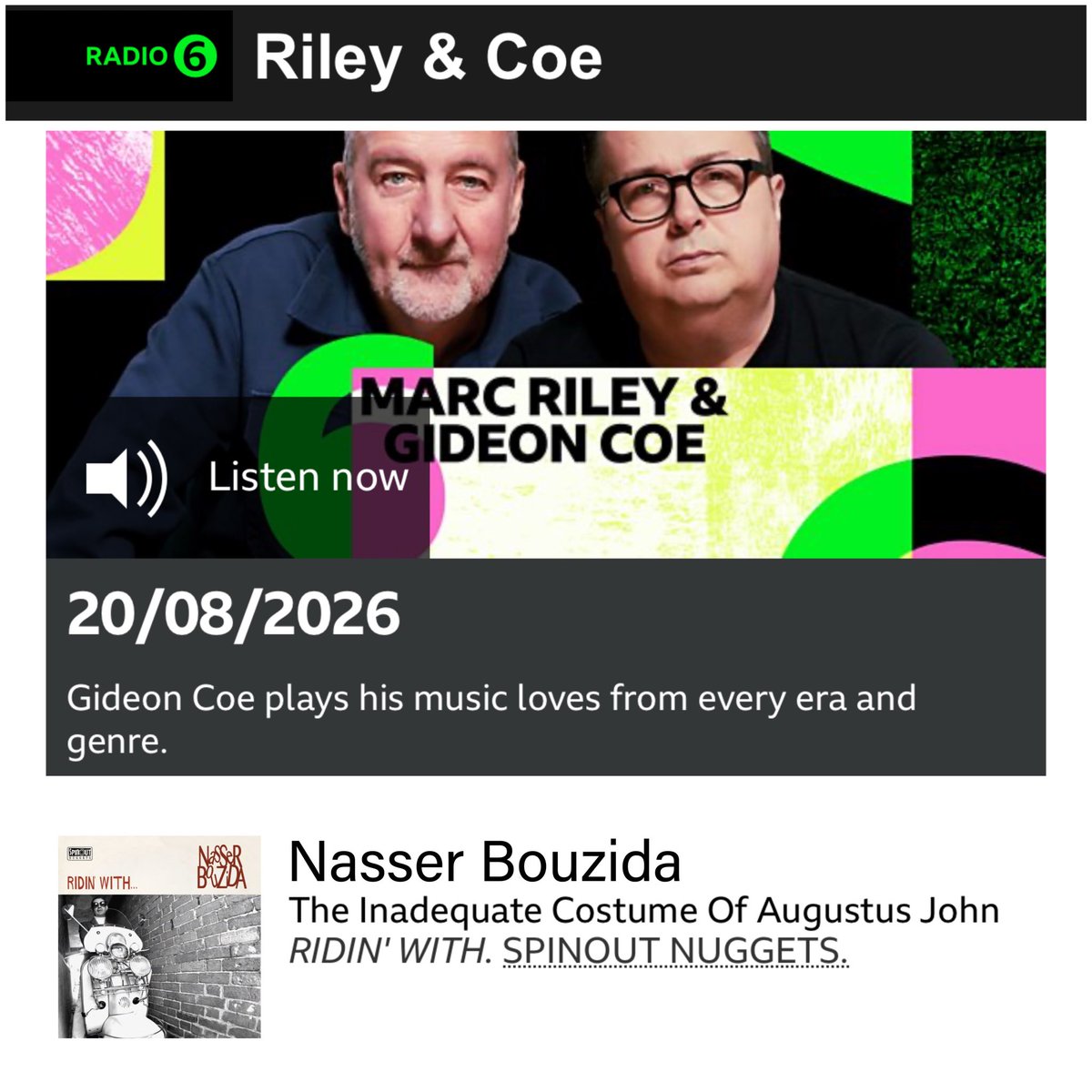 spinoutnuggets's tweet photo. Many thanks to Gideon Coe for playing Nasser Bouzida’s ‘The Inadequate Costume Of Augustus John’ on the Riley &amp; Coe Show on BBC6 Music last night. Hear it all here - https://t.co/yKPm2TpGmf https://t.co/tdMTtCZB10