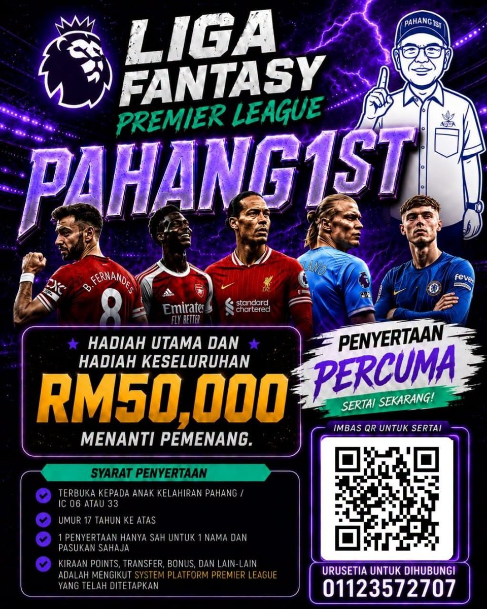 bernamadotcom's tweet photo. ⚽️ ANAK-ANAK PAHANG, JOM JADI PENGURUS PASUKAN EPL!

Sertai Liga Fantasy EPL Pahang1st 2026/2027 dan buktikan kemahiran serta strategi anda!

🎁 Hadiah bernilai RM50,000
🆓 Penyertaan PERCUMA

Syarat utama:
✅ Anak kelahiran Pahang (IC kod 06/33 atau beralamat di Pahang)
✅ Berumur 17 tahun ke atas
✅ Satu peserta, satu pasukan
✅ Mempunyai akaun Fantasy Premier League yang sah

📲 Scan QR Code & daftar sekarang!

Siapa bakal jadi pengurus terbaik Pahang? ⚽️🏆