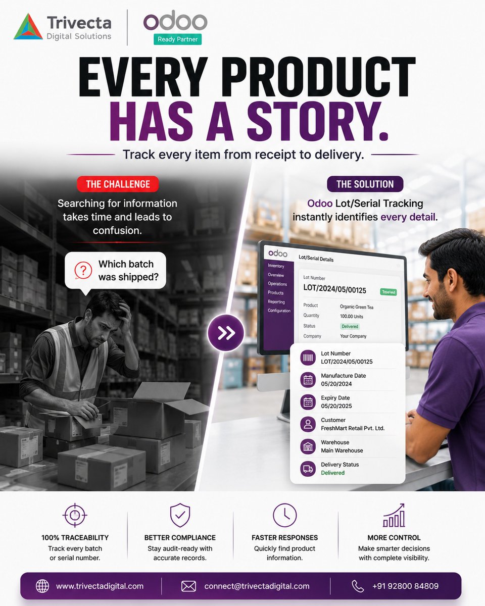 TrivectaDigital's tweet photo. Every product has a story. Can you trace it?

With Odoo Lot &amp; Serial Tracking, track every item from receipt to delivery.
✅ Full traceability
✅ Faster tracking
✅ Better compliance
✅ Smarter inventory control
Track with confidence.
#Odoo #Inventory #ERP #TrivectaDigital https://t.co/whbGuwxSEn