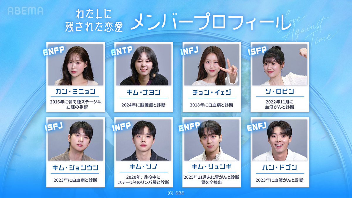 abema_kpopdrama's tweet photo. 『 #わたしに残された恋愛 』出演者プロフィール📝

生死をさまよう闘病経験を持つ
20代・30代の若者たち8人が
再び人生と恋に向き合う、
韓国SBSの新作恋愛リアリティ番組🕊️

🗓️毎週月曜22:30~
ABEMAで【日韓同時・独占無料】配信中
▶︎ https://t.co/pdLEqY5qkG

#내남은연애 #LOVEAGAINSTTIME https://t.co/E7OvmwDAMS