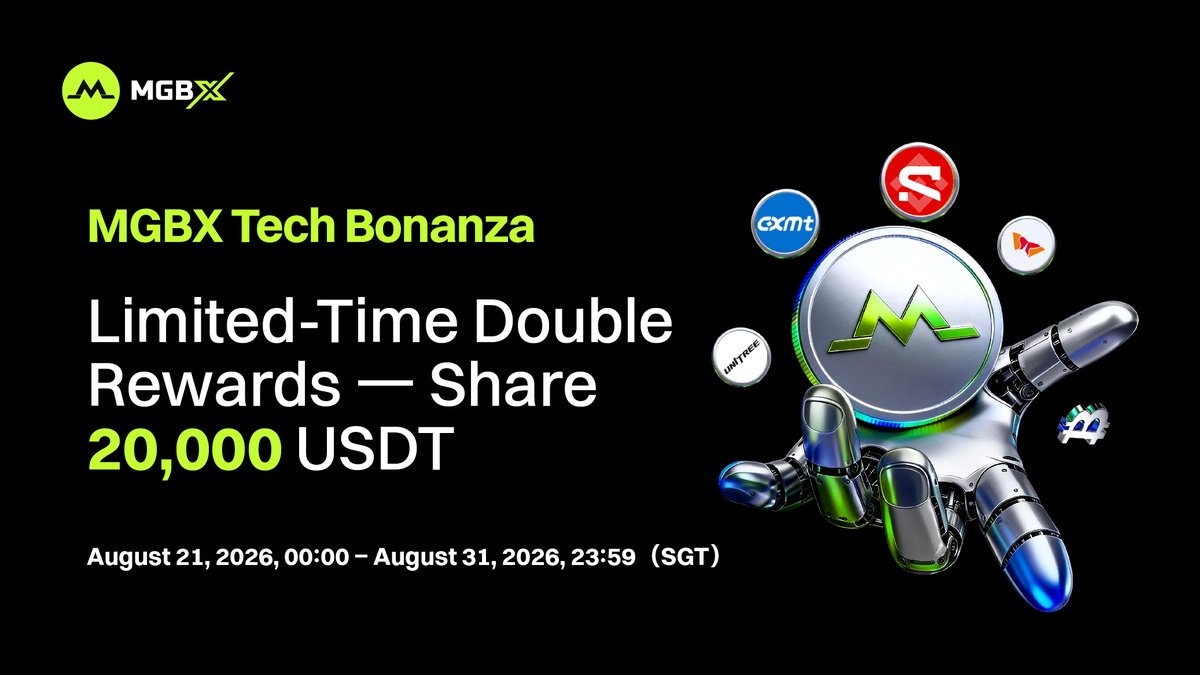 MGBX_Global's tweet photo. 🚀 MGBX Tech Festival | Share 20,000 USDT
Enjoy double rewards for a limited time:

✅ Up to 40 USDT protection on your first trade
✅ Earn up to 200 USDT in futures bonus from the Trading Challenge
👉 Event details: https://t.co/Mgoxx7uBAw

🎁 Extra 200 USDT Social Giveaway
How to join:
🪂 Follow @MGBX_Global
🪂 Like, repost and comment
🪂 Tag 3 friends

📅 Aug 21–27, 2026 (SGT)