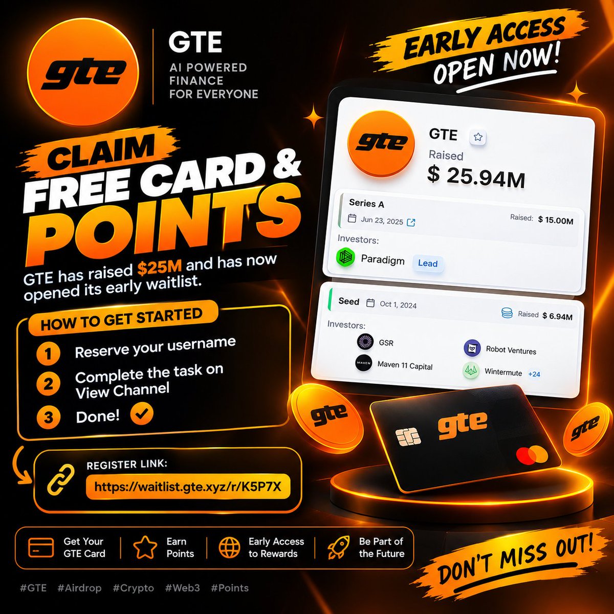 jwrld007's tweet photo. 🆕 GTE — Claim Free Card &amp; Points 🎁

GTE has raised $25M and has now opened its early waitlist 👀

✅ Reserve your username
✅ Complete the task on the View Channel

Early access could be worth securing.

🔗 Register: https://t.co/alyAQTyyP9

#GTE #Airdrop #Crypto #Web3 #Points https://t.co/NethTN4IMI