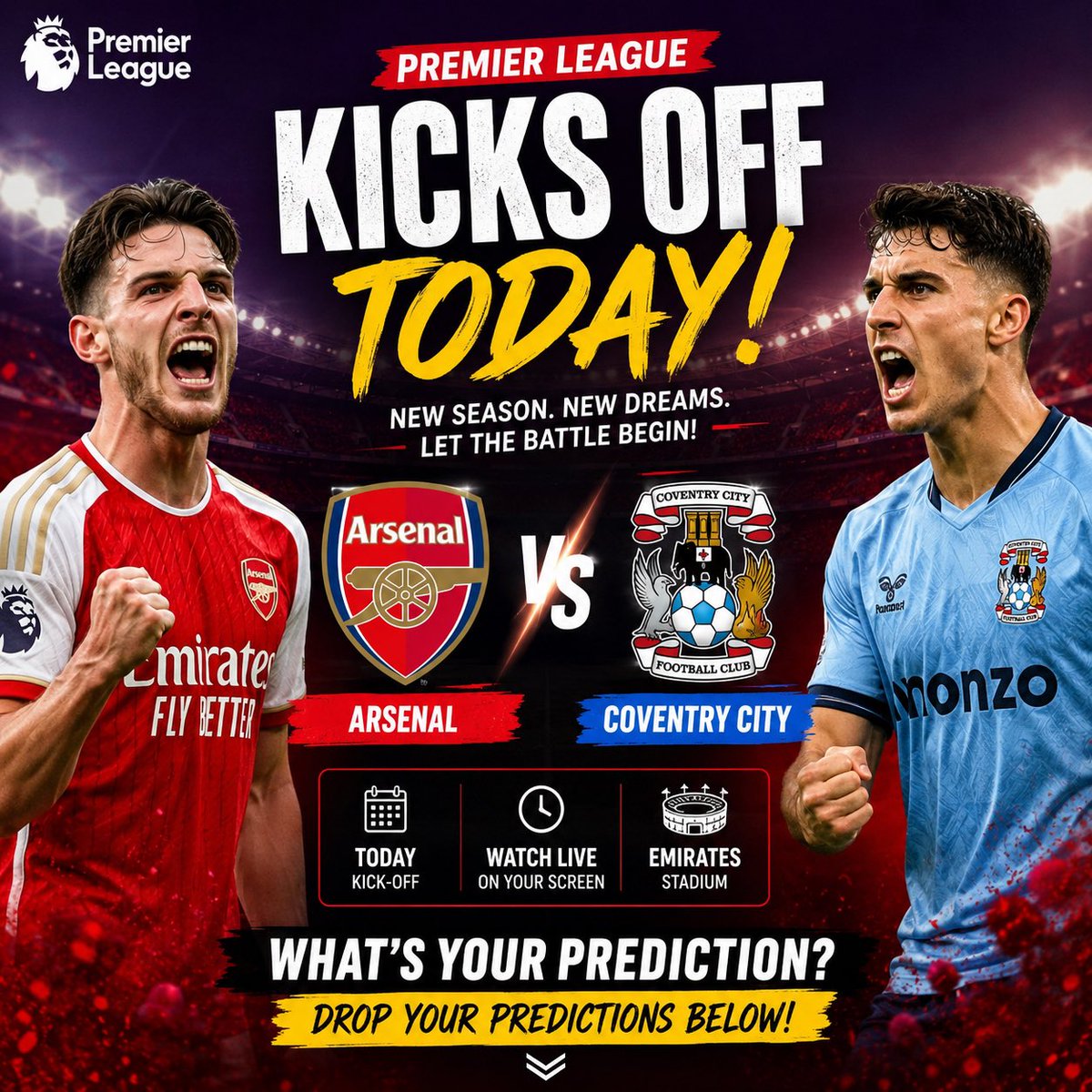 Mikeball001's tweet photo. 🔥 PREMIER LEAGUE IS BACK! 🔥

The wait is OVER! 😍⚽️

Arsenal begin their title defence tonight as they welcome Coventry City to the Emirates! 🏟️

But the big question is… HOW WILL THIS ONE END? 🤔

🔴 Arsenal win?
🔵 Coventry shock everyone?
🤝 Or are we heading for a draw? https://t.co/71ru4dogx6