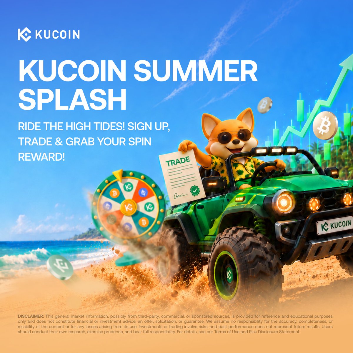 kucoincom's tweet photo. Win up to 100 USDT in under 2 mins! 🌊

Ride the High Tides with KuCoin, no heavy volume requirements, just 2 quick steps:

1️⃣ Register a new KuCoin account
2️⃣ Complete your 1st trade (any amount & pair!)

👇 Sign up & trade now (only with this link): https://t.co/L5MGym8Kpg

Spin the Summer Lucky Wheel & claim your share of 10,000 USDT! 🎡