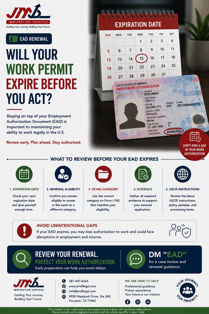 Jmdlimmigration's tweet photo. Work permit expiring soon?
Don’t wait until the last minute.
Review your expiration date, renewal eligibility, filing category, and current USCIS instructions early.
📩 DM “EAD” to JMDL Immigration Services.
#ead #eadrenewal #workpermit #uscis #jmdlimmigration https://t.co/qr9AaTIyzC