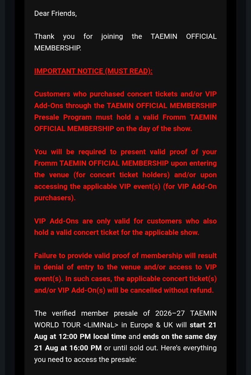 odorkobol's tweet photo. PSA If you enter the fanclub presale without a valid fanclub membership you will be denied entry at the venue 

#TAEMIN https://t.co/bHXltfBtpz