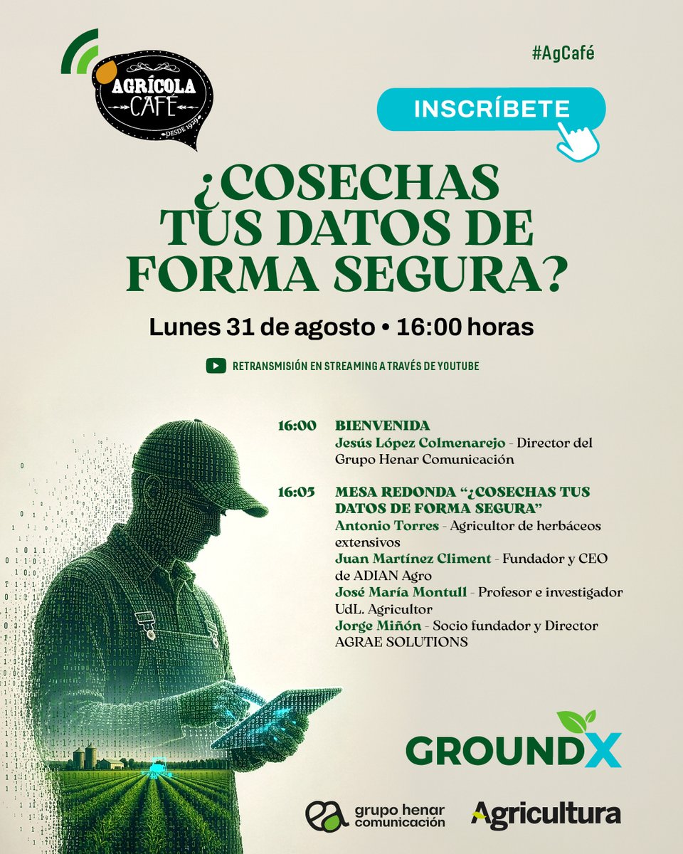GrupoHenar's tweet photo. 👩🌾🔐 ¿Cosechas tus datos de forma segura?
Cada campaña agrícola genera una enorme cantidad de información: cultivos, rendimientos, tratamientos, condiciones climáticas, manejo de parcelas… datos que tienen un enorme valor para el futuro del #SectorAgro.
Pero, ¿quién es el propietario de esos datos?
¿Quién puede utilizarlos?
¿Cómo pueden compartirse sin perder el control?
¿Y qué beneficios obtiene cada eslabón de la cadena?
Para abordar estas cuestiones, desde Revista #Agricultura y Grupo @Henar_Comunica, junto con #GroundX, organizamos un nuevo #AgCafé:
📲 ¿Cosechas tus datos de forma segura?
📅 31 de agosto 🕓 16:00 h
👉 Reserva tu plaza gratis: https://t.co/txbphyG4cK