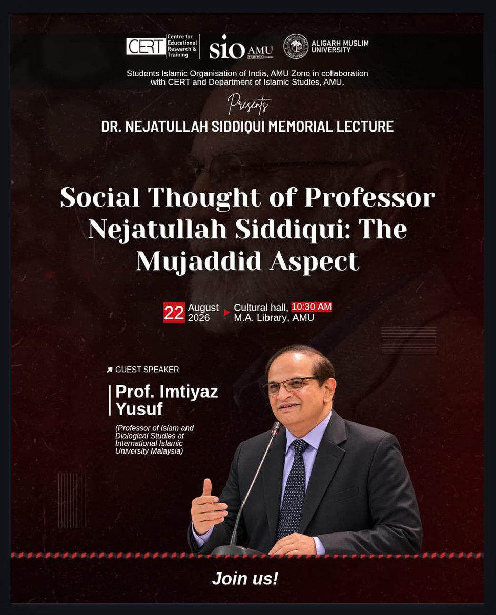 sioamu's tweet photo. Dr. Nejatullah Siddiqui Memorial Lecture

Social Thought of Professor Nejatullah Siddiqui: The Mujaddid Aspect

SIO AMU https://t.co/gy41DMmmlN