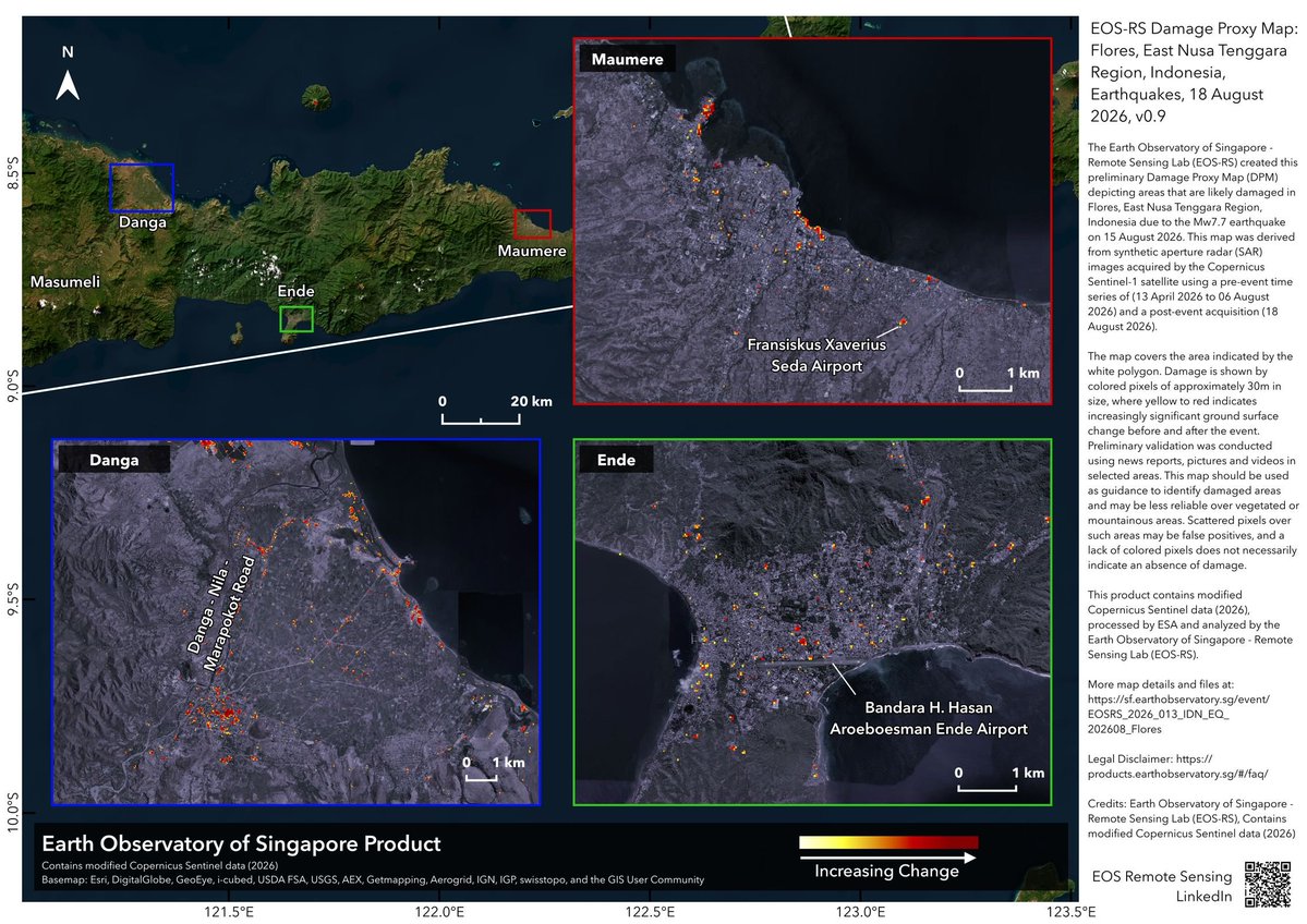 Sentinel_Asia's tweet photo. On 15 August 2026 (UTC), following the earthquake in Flores, Indonesia, @Sentinel_Asia was activated at the request of #BRIN. Information has been uploaded to the Sentinel Asia website.
https://t.co/xeTx4AbNUK
Map produced by #EOS https://t.co/jXTiZ8Gyi2