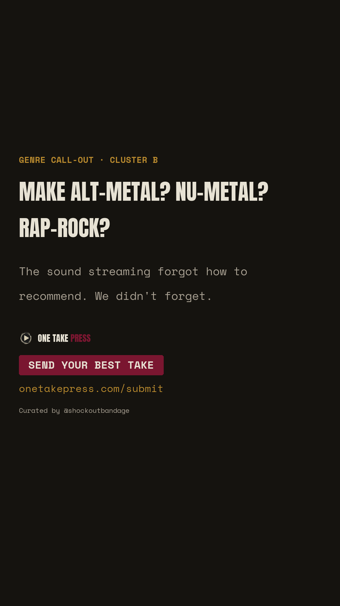 shockoutbandage's tweet photo. Make alt-metal, nu-metal, or rap-rock? We're not an algorithm โ send your best take. https://t.co/Na0tvDvVKs
#AltMetal #NuMetal #RapRock #RapMetal #NuMetalRevival #AlternativeMetal https://t.co/g1NnswPeP2