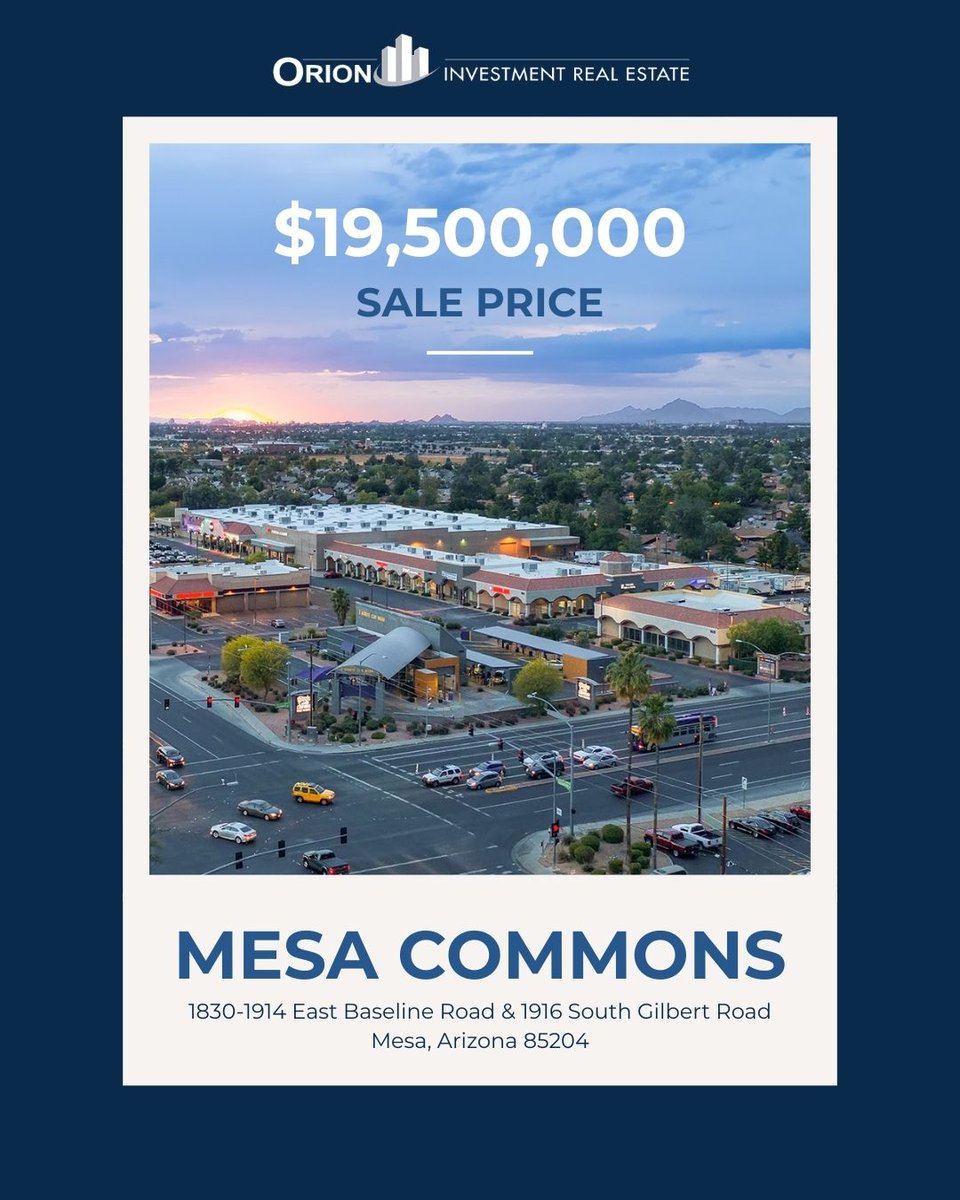 spiro_orion's tweet photo. JUST CLOSED | Mesa Commons 🏢

Proud to have partnered with Sean Stutzman on the $19.5M sale of Mesa Commons, a 129,211 SF shopping center in Mesa.

Congrats to everyone involved in bringing this deal to the finish line! 👏

#MesaAZ #RetailCRE https://t.co/ROlyjDDJL1