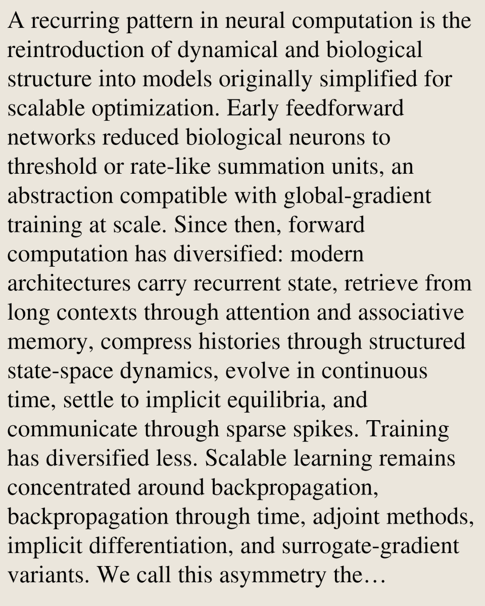 TAL's tweet photo. The Forward-Backward Disconnect: State Dynamics, Credit Assignment, and Biological Grounding in Neural Computation

Hadi Al Mubasher, Mariette Awad
https://t.co/0Z1WPck06l [𝚌𝚜.𝙽𝙴] https://t.co/zCO1VsCaEE