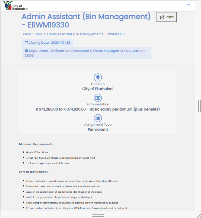 job83w's tweet photo. 📌 ADMIN ASSISTANT: BIN MANAGEMENT (ERWM19330)

Location: City of Ekurhuleni, Gauteng

Employment Type: Permanent
Salary: R273 288 – R374 820 per annum, plus benefits

Min Requirements:
• Grade 12
• 1-year post-Matric certificate in Administration or related field
• 1–2 years’ administration experience
• Good filing and records-management skills
• Able to manage timesheets, attendance and staff records
• Basic budgeting and payment-requisition knowledge
• Good customer-service and communication skills

Closing Date: 28 August 2026

Note: Visit Their Official Site To Apply
Full Details: https://t.co/ZcWuWtAtF5