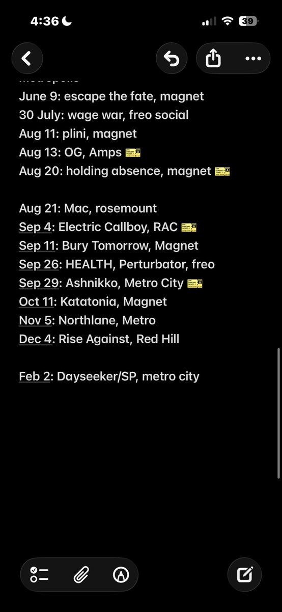 HayesMaeve's tweet photo. @trysty13 I’m so jealous half of those aren’t coming to Perth 😭 I’d go to beartooth and FATN https://t.co/ywGu2Cmtop