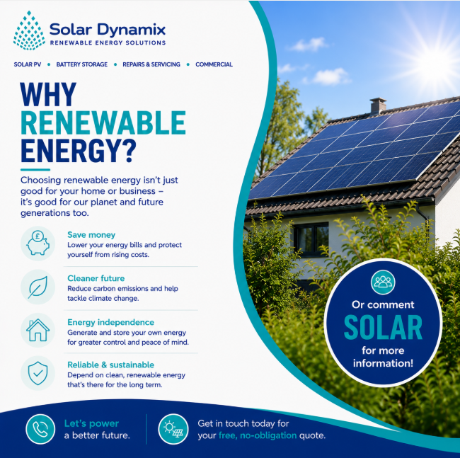 SolarDynamix's tweet photo. ☀️ Why renewable energy?

💷 Lower your energy bills
🌱 Reduce your carbon footprint
⚡ Become less reliant on the grid
🏡 Generate your own clean energy

Ready to make the switch?

Comment SOLAR for more info. 👇
#SolarEnergy #RenewableEnergy #SolarDynamix https://t.co/LOmkB8mwiz