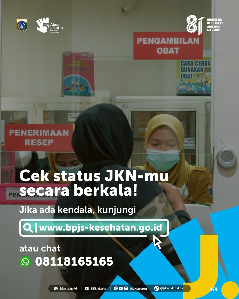 jamkesjakarta's tweet photo. Self care sejati bukan cuma soal merawat penampilan, tapi juga memastikan perlindungan kesehatanmu dan keluarga terjamin lewat JKN.
Pastikan kepesertaan JKN-mu selalu aktif sekarang juga agar tenang menghadapi masa depan!
#DKIJakarta #JagaJakarta #JakartaKotaGlobal #JKN https://t.co/Yxxy7QxTle