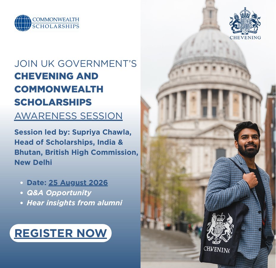 UKinKolkata's tweet photo. If you are considering applying for a #Chevening or Commonwealth Scholarship, join our online awareness session on Tuesday, 25 August 2026.

The session will provide key insights into applications and opportunities to study in the UK.

Register now: https://t.co/3LgyinSECA https://t.co/YreeNmD2xp