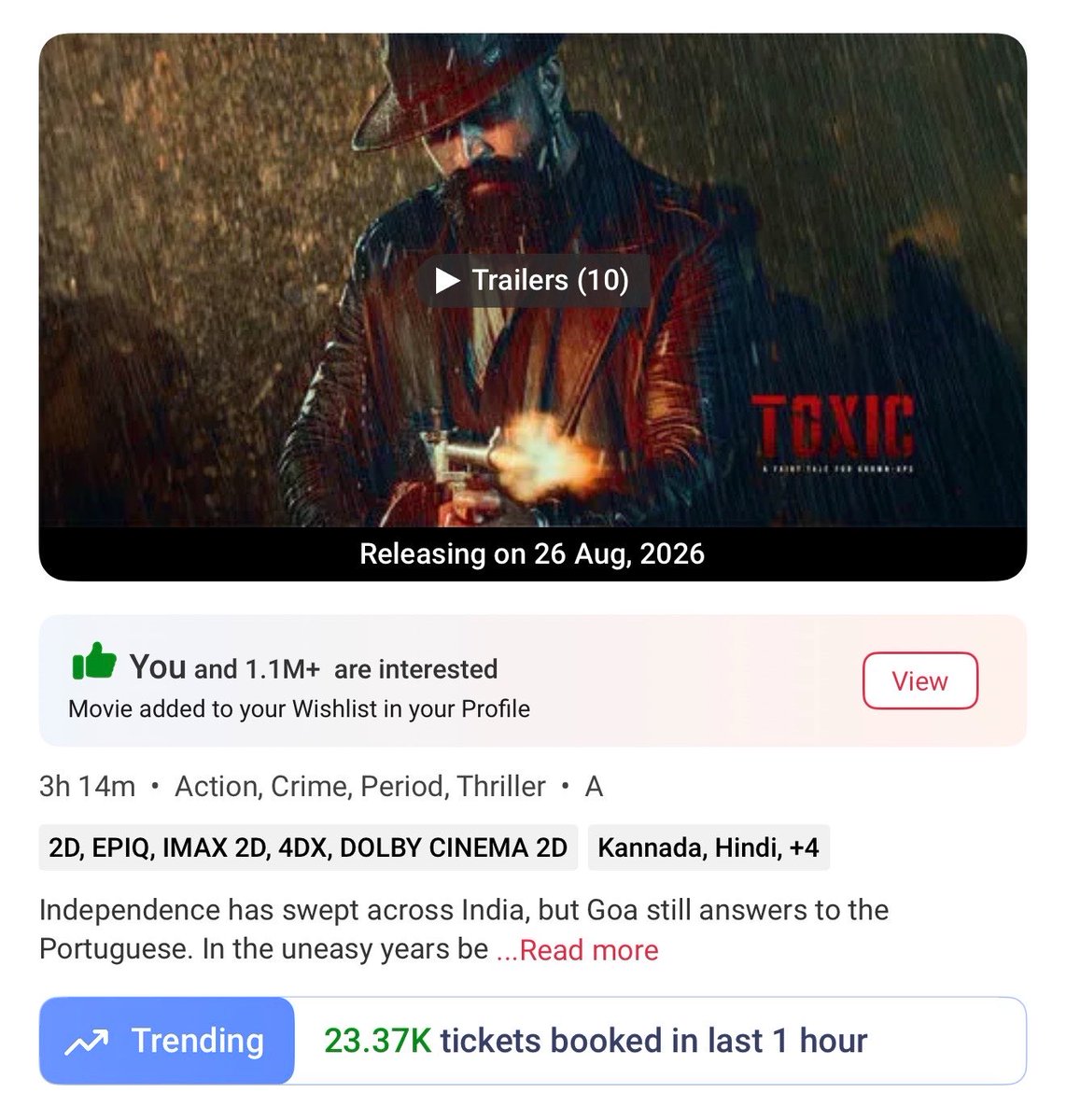 FilmyDuniya520's tweet photo. 23.37k/h 🥶🥶

TAMIL—TELUGU market yet to open 💥🙏🏻

#Yash mania unleashed 💥

#ToxicTheMovie is unleashing its potential 🔥🔥 https://t.co/Q845KDCffy