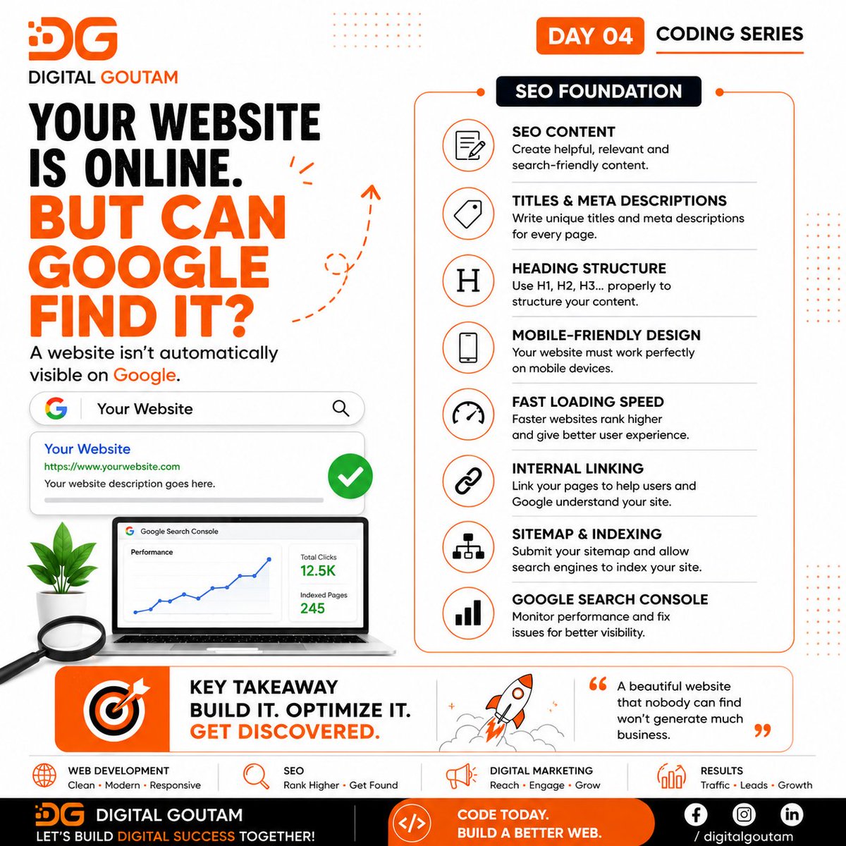 digitalgoutam's tweet photo. 🔎 Your website is online. But can Google find it?

A website ≠ Google visibility.

Focus on:

🔹 SEO content
🔹 Titles &amp; headings
🔹 Speed
🔹 Mobile UX
🔹 Internal links
🔹 Sitemap &amp; indexing

Build. Optimize. Get discovered.

#SEO #DigitalMarketing https://t.co/7hJgEI84A0