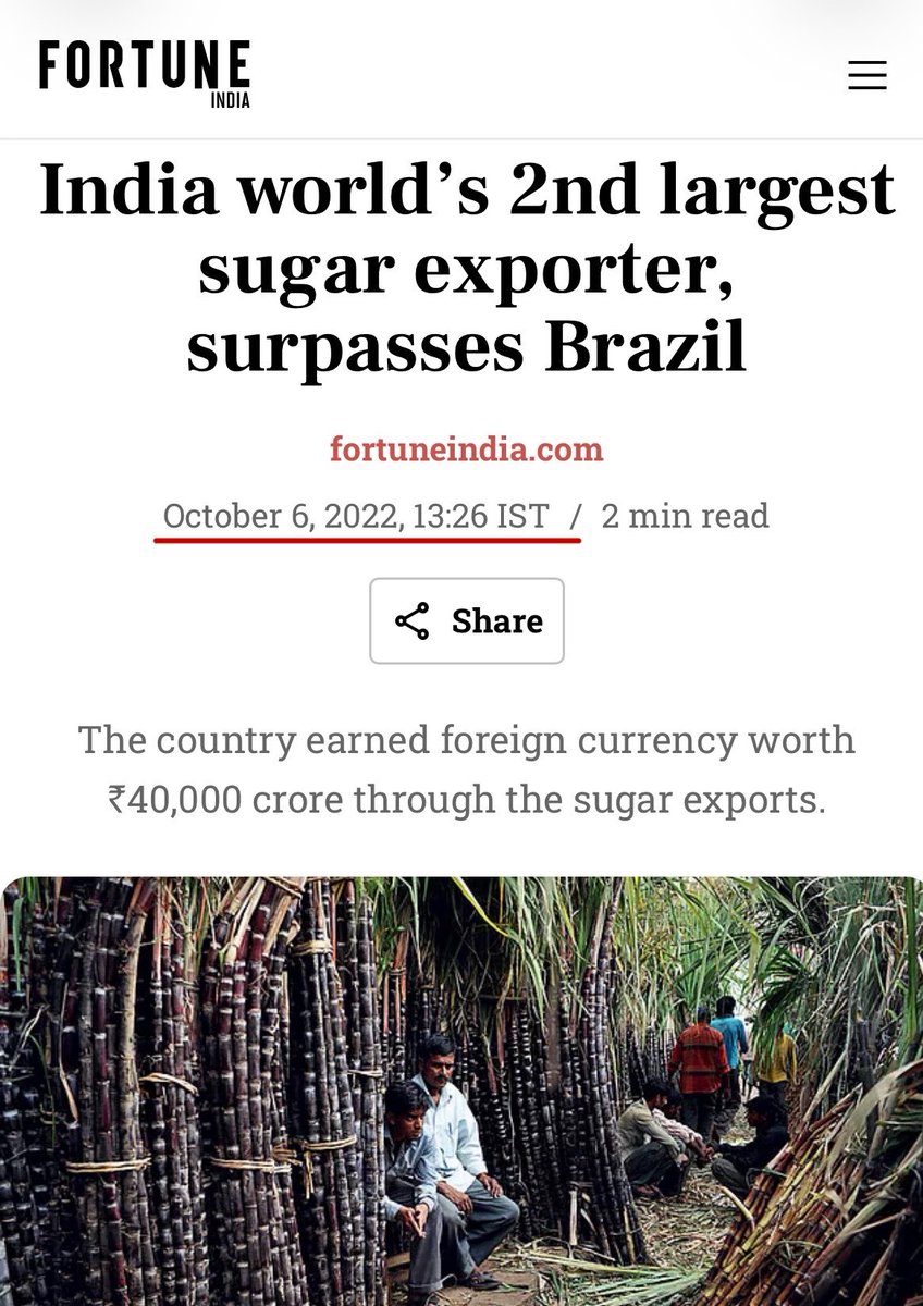 BefittingFacts's tweet photo. One bad policy can ruin an entire industry:

• In 2022, India was the world’s 2nd-largest sugar exporter.

• In 2026, India is set to import sugar for the first time in a decade.

• Sugar prices have risen by 40% in just two months.

• Rice prices are also hitting a one-year high.

The government cannot refuse to roll back E20 simply because some businessmen have invested in ethanol factories. That is a joke.

E10 will also require ethanol.