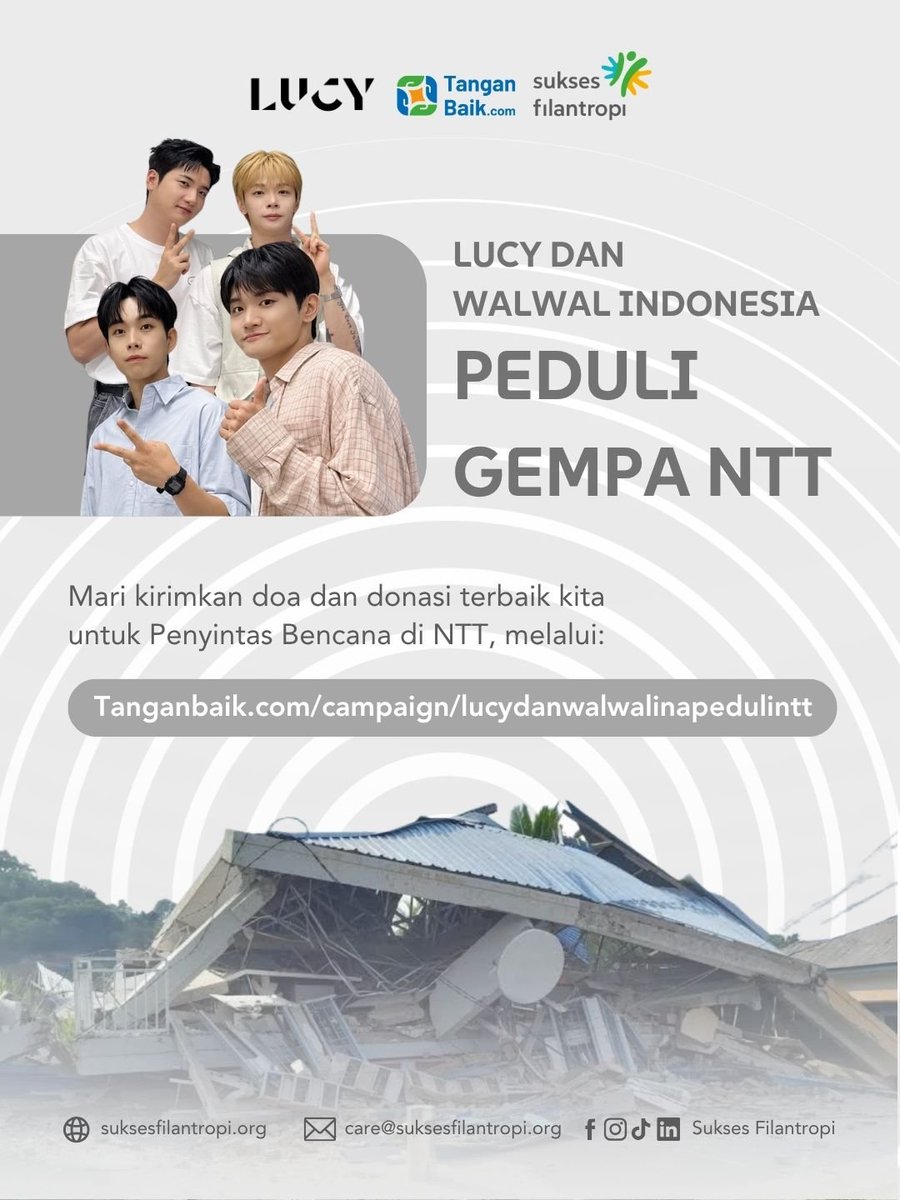 megummyblue's tweet photo. ⭐️ *FLARE OF HOPE ~ Donation Campaign* ⭐️

Hai Walwal!
Gempa yang melanda NTT meninggalkan duka dan dampak besar bagi saudara-saudara kita yang terdampak. Saat ini, mereka membutuhkan dukungan untuk bangkit dan kembali menjalani kehidupan.

LUCY dan WALWAL Indonesia bersama https://t.co/TubMS7GC8A & Sukses Filantropi mengajak kita untuk hadir melalui doa dan bantuan terbaik.

Mari bersama ringankan beban penyintas bencana di NTT. dengan berdonasi melalui :
https://t.co/c1x3OwDgBQ

Setiap doa, setiap dukungan, setiap bantuan sekecil apapun sangatlah berarti 💙

#LUCY #루시