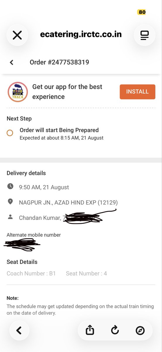 chandanjhd's tweet photo. @RailMinIndia @rail_seva @RailMadad 20 घंटा पहले ऑर्डर किया था,ट्रेन नागपुर से खुल चुका है लेकिन मेरा खाना अभी तक नहीं मिला। यही सेवा देने का वादा है आपका। मेरा पैसा भी गया और मैं भूखा भी रहा। रेस्टोरेंट मालिक का मोबाइल नंबर है 95611 46004। PNR 8352414996. Train no 12129 B1-4. https://t.co/P4kf40Km27