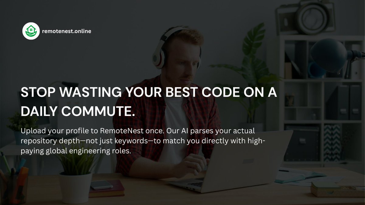 litewavehq's tweet photo. Your code should ship features, not sit in traffic. 🚫🚗
RemoteNest uses your real GitHub history to match you to verified, high-paying global engineering roles. No keyword games. No recruiters.
Set up your free profile in 5 minutes → https://t.co/KdxNyVqd6f
#RemoteWork #DevJobs https://t.co/6O07dHLOs9