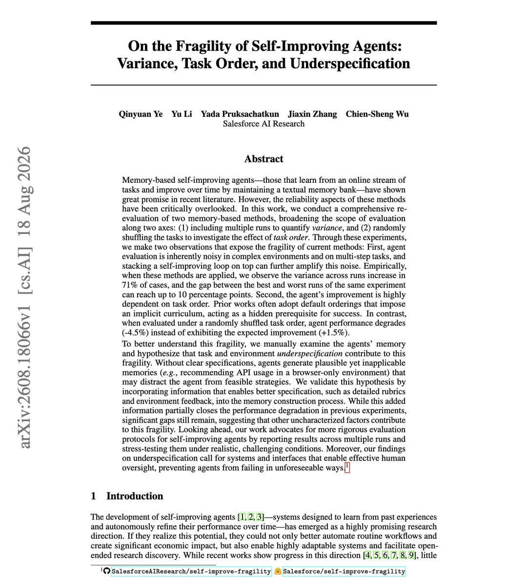 TechThought_org's tweet photo. Rigorous testing highlights substantial variance in memory-based self-improving #agents when task #order is randomized. 🔬 #RSI
Addressing evaluation noise remains crucial for advancing #benchmark reliability in #AIPapers and agent design. #AI #GenAI @dair_ai
https://t.co/WULXYslRpt