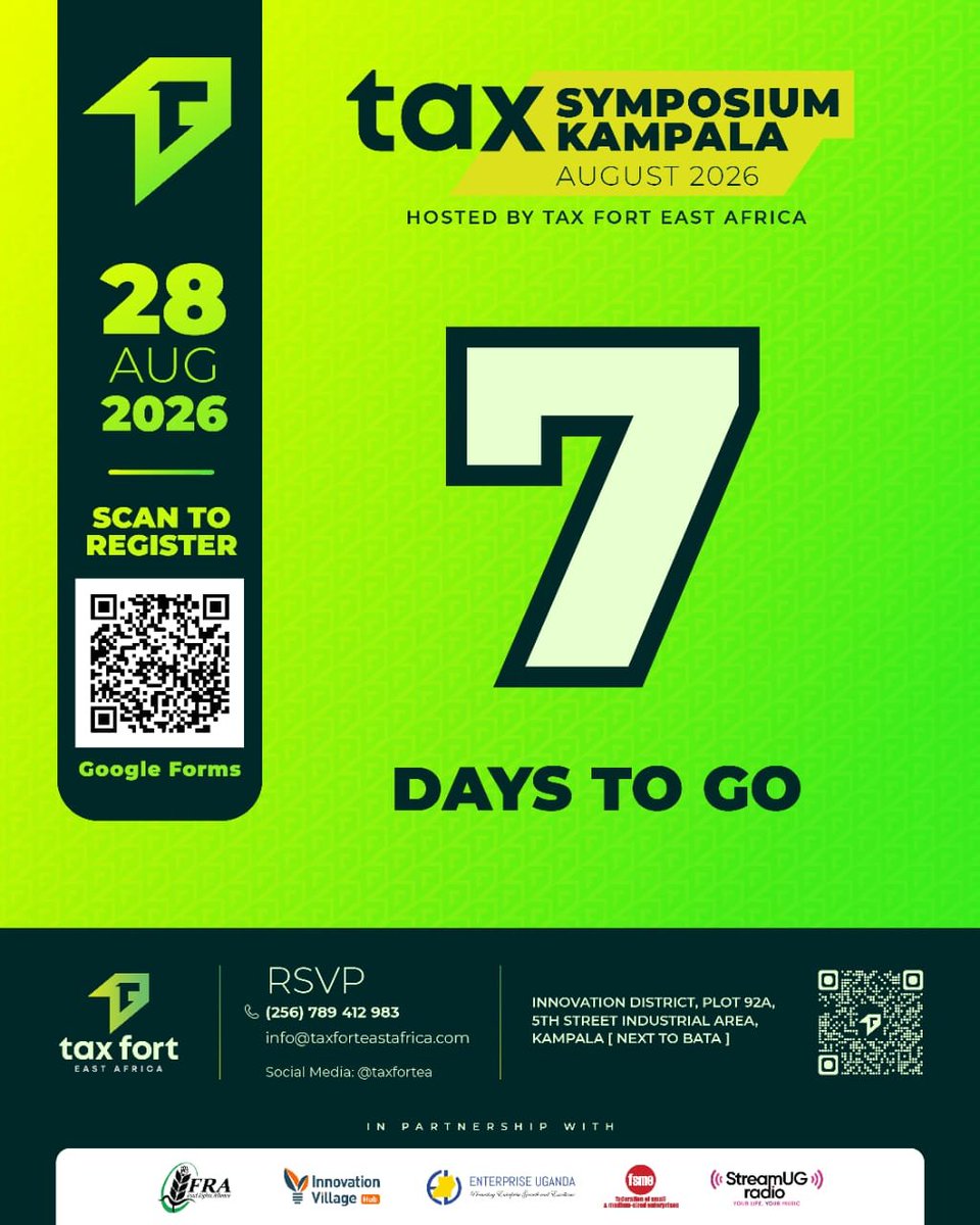 rhetoricori's tweet photo. 7 days and counting

The Tax Symposium Kampala is officially one week away, and we're getting everything ready for August 28th. 

If you haven't registered yet, now's the time.
#TaxSymposium2026 https://t.co/RX14Ao0gyx