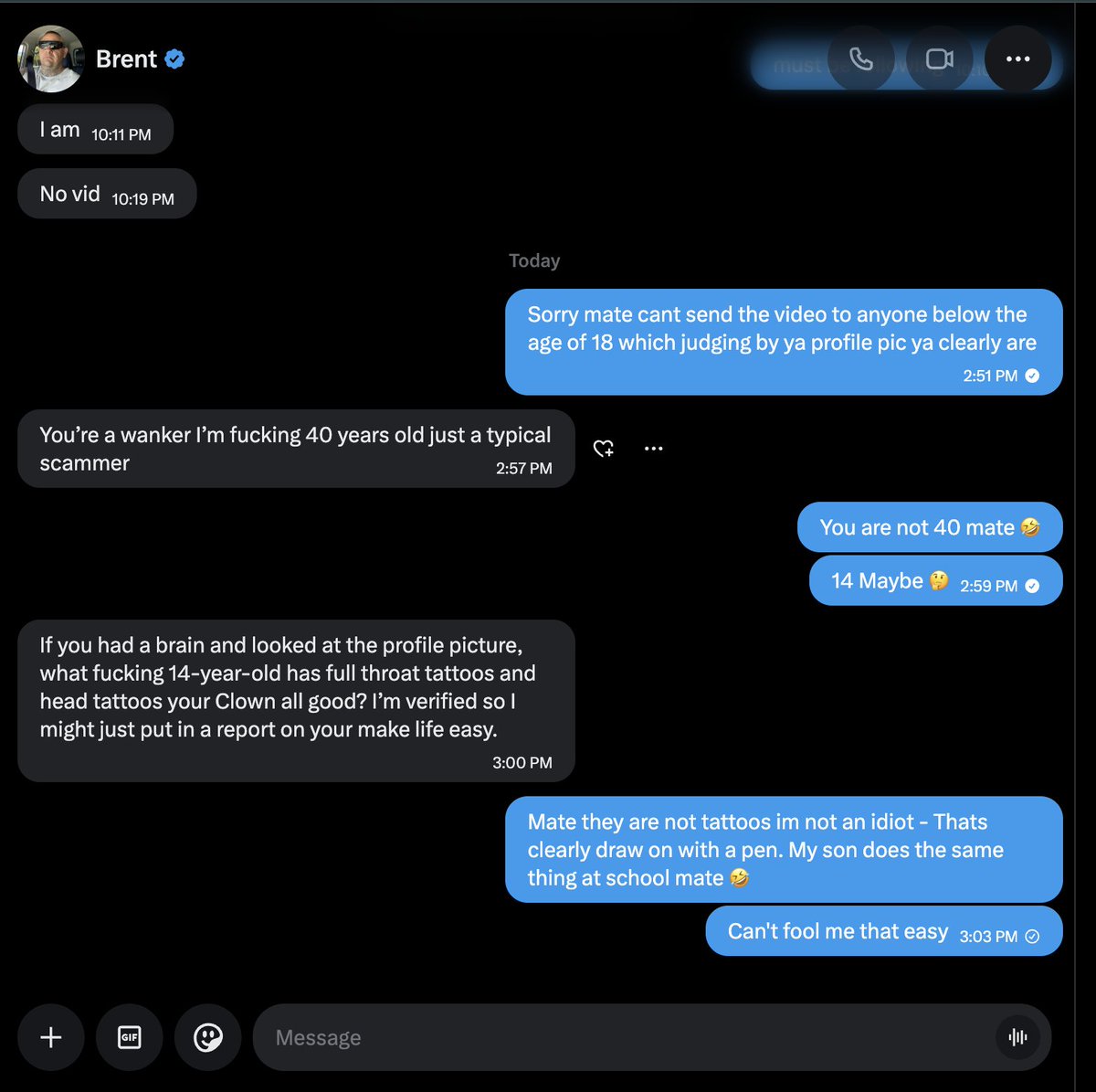 OzzyPuntaaa's tweet photo. Hey Guys

Just an example of someone under 18 trying to obtain the video of Heeney putting four fingers in.

I know I'm the villain, but im not a monster - If ya under 18, ya wont get this video.

To Brent - Stay in school mate. Life's simple now - Enjoy it while it lasts

Ozzy https://t.co/pUfmHBcnpL