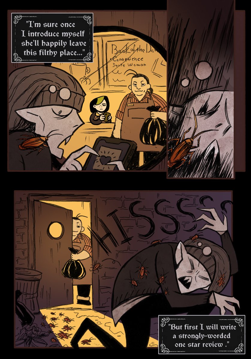 karnessah's tweet photo. Watch out! A cockroach! Greg is a bunch of cockroaches weating a human body.
He's also an owner of a coffeeshop/bookstore Marybeth works in.
He's really good at cooking, despite eating literal trash https://t.co/AayEQGrDg2