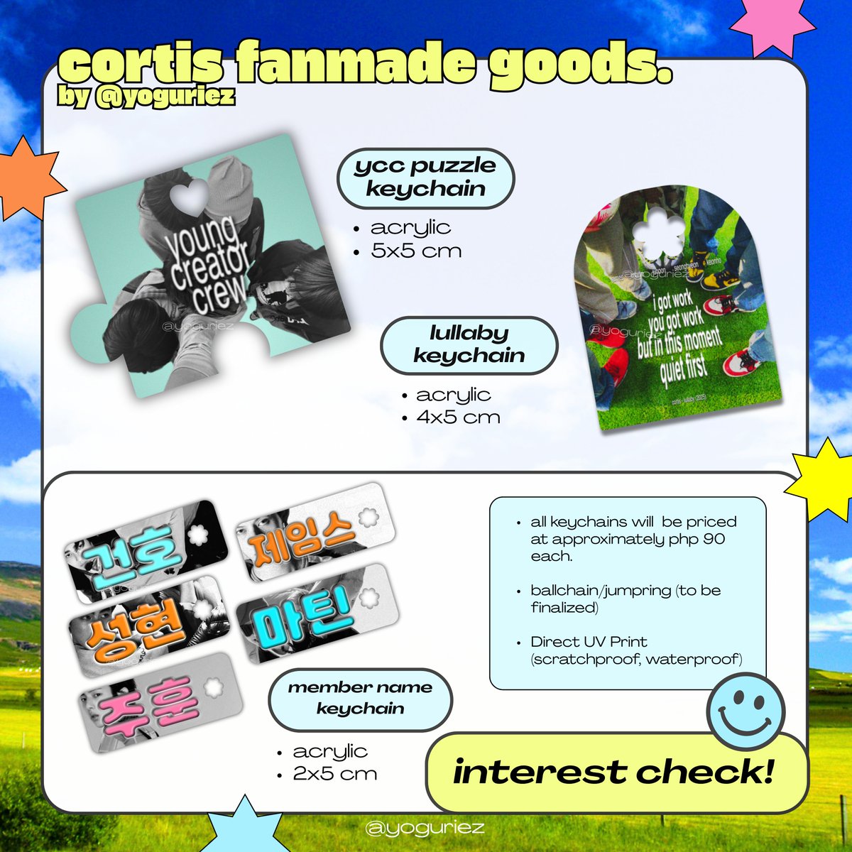 yoguriez's tweet photo. [ mail order interest check ph  ⭐️ ]
cortis fmg pre-order by @yoguriez 

✴︎ reply/dm if you're interested in any of these !
✴︎ prices below php 100
✴︎ keychains are direct uv printed
✴︎ will open slots for downpayment and full payment
✴︎ shipping to 🇵🇭 address only