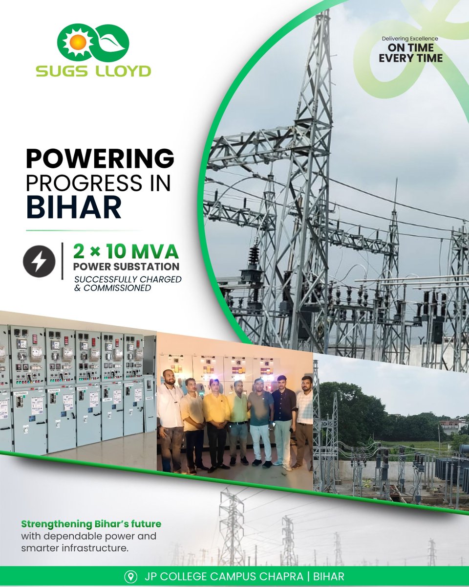 SugsLloydLtd's tweet photo. Sugs Lloyd has successfully charged and commissioned a 2 x 10 MVA power substation at JP College Campus, Chapra, Bihar.
#SugsLloyd #PowerTransmission #PowerSubstation #ProjectCommissioned #PowerUtility #EngineeringExcellence #EnergyInfrastructure https://t.co/vZA0kE2N1r