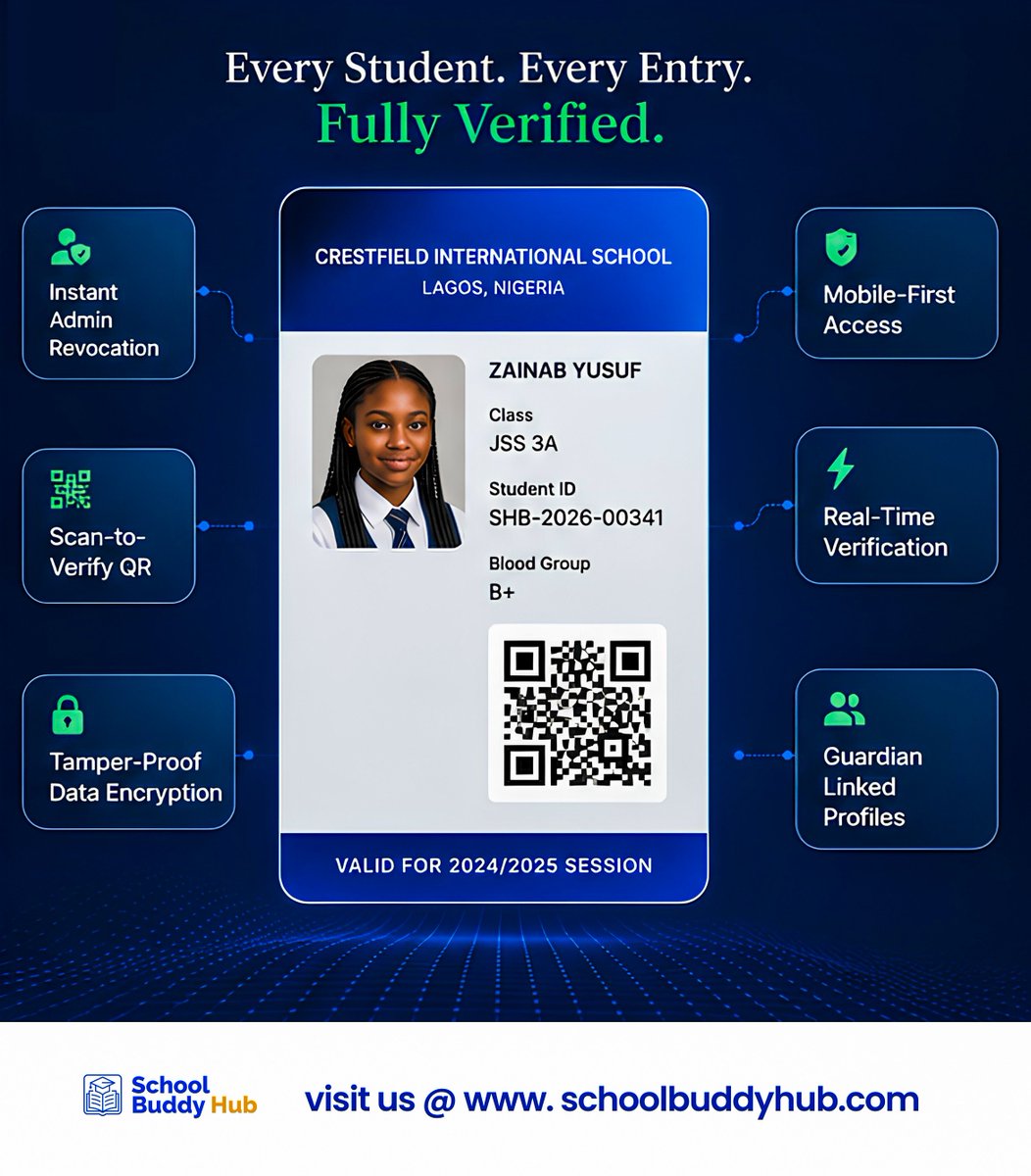 SchoolBuddyHub's tweet photo. Every student. Every entry. Fully verified. 

Upgrade campus security with School Buddy Hub-featuring instant QR scan verification, real-time access control, and encrypted student data.

#EdTech #SchoolSecurity #SmartCampus #SchoolBuddyHub #DigitalID https://t.co/XhLs6Ukzut