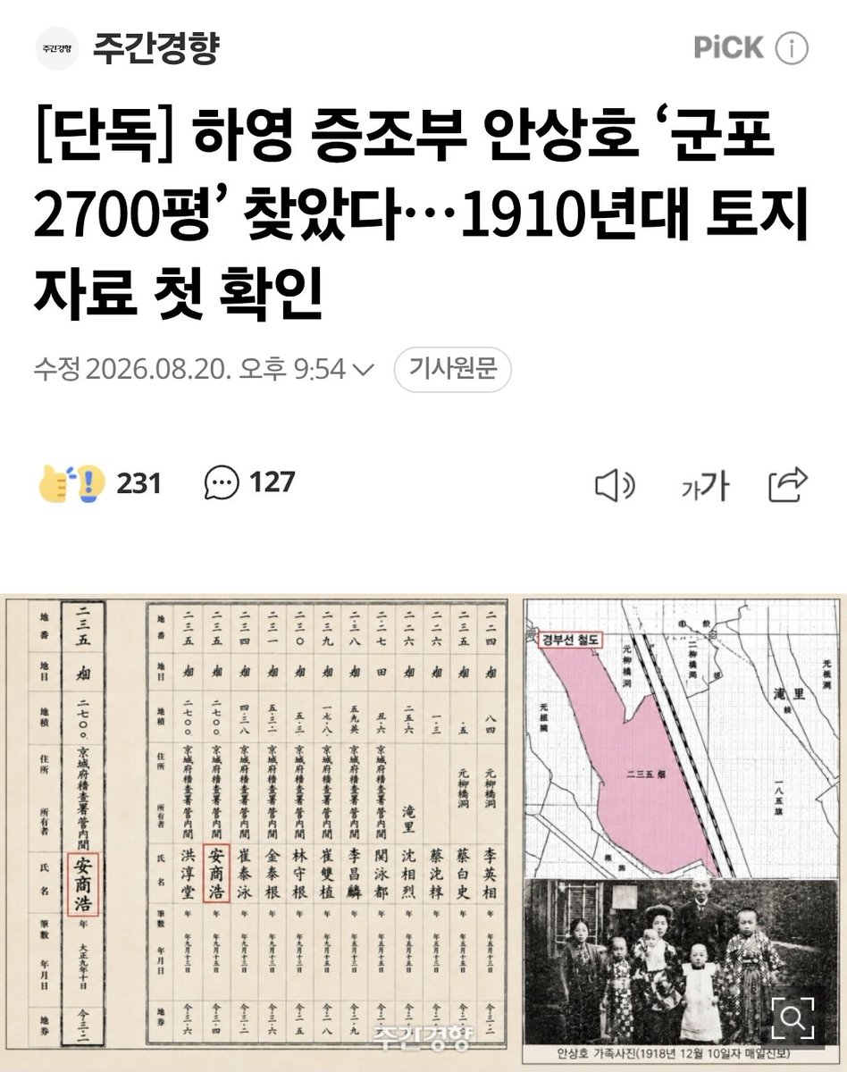 korea_gookmin's tweet photo. "배우 하영의 증조부인 의사 안상호가 일제강점기 초기 경기도 군포 일대에 2700평 규모의 논을 소유했던 사실이 확인됐다.

군포의 토지 소유 사실을 구체적인 지번과 함께 확인할 수 있는 자료가 발견된 것��� 처음이다."
https://t.co/XFYH3CEuEh https://t.co/bkWlXkB1Ed