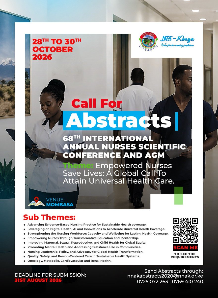 nnakenya's tweet photo. Great ideas deserve a bigger audience.

The Call for Abstracts is officially open for the 68th International Annual Nurses Scientific Conference & AGM. Whether you're advancing research, improving practice, or driving innovation, this is your chance to share your work and inspire change.

Submit your abstract by 31st August 2026 and join us in Mombasa this October.

Because the future of healthcare starts with bold ideas.