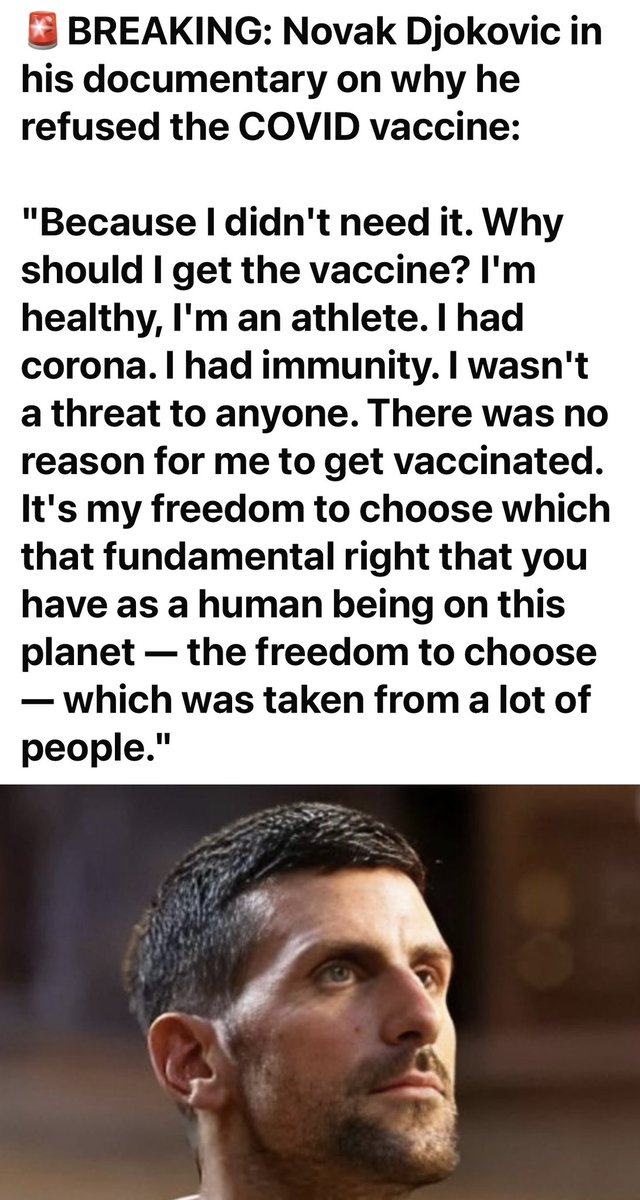 robirdie777's tweet photo. Novak Djokovic is was right all along yet the Australian Government went after him because he refused to take Jab
His Given right to put or not put anything into his body https://t.co/vcSql8K4fV