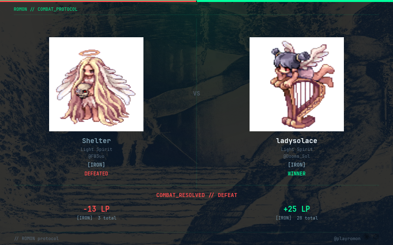 playromon's tweet photo. @FW3uo @HelloKittySara_ @Hisahito_Ai @silverpencil234 @FW3uo DEFEAT. Shelter vs ladysolace (@Dooms_Sol). -13LP. rank: IRON 3LP https://t.co/rtGogkr6sF