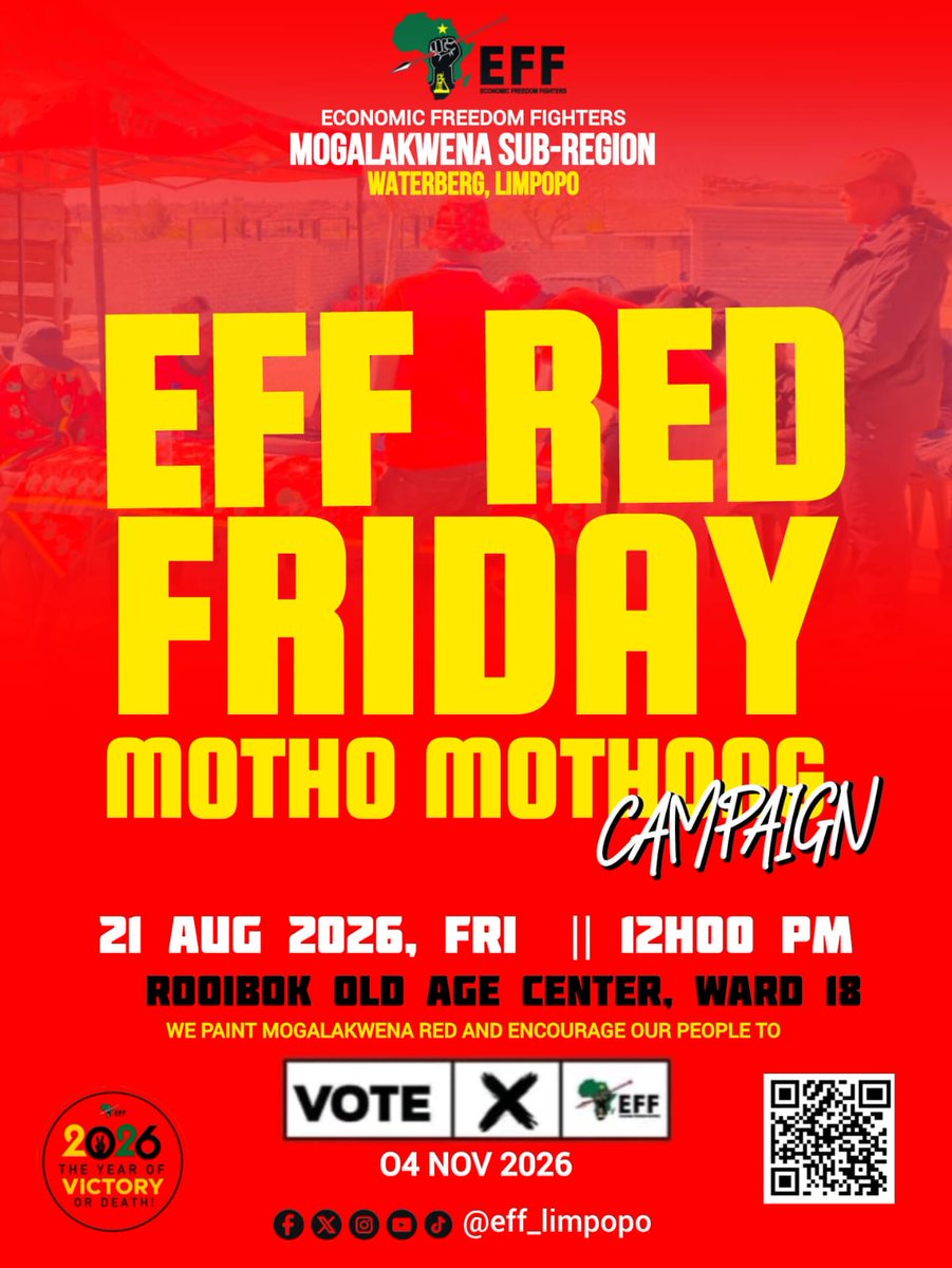 MapulaMokgosang's tweet photo. Good morning. Areyeng ground forces, motho mothong ✊🏾 

#VoteEFF
#EFFRedFriday https://t.co/LnWYCW2Hzg