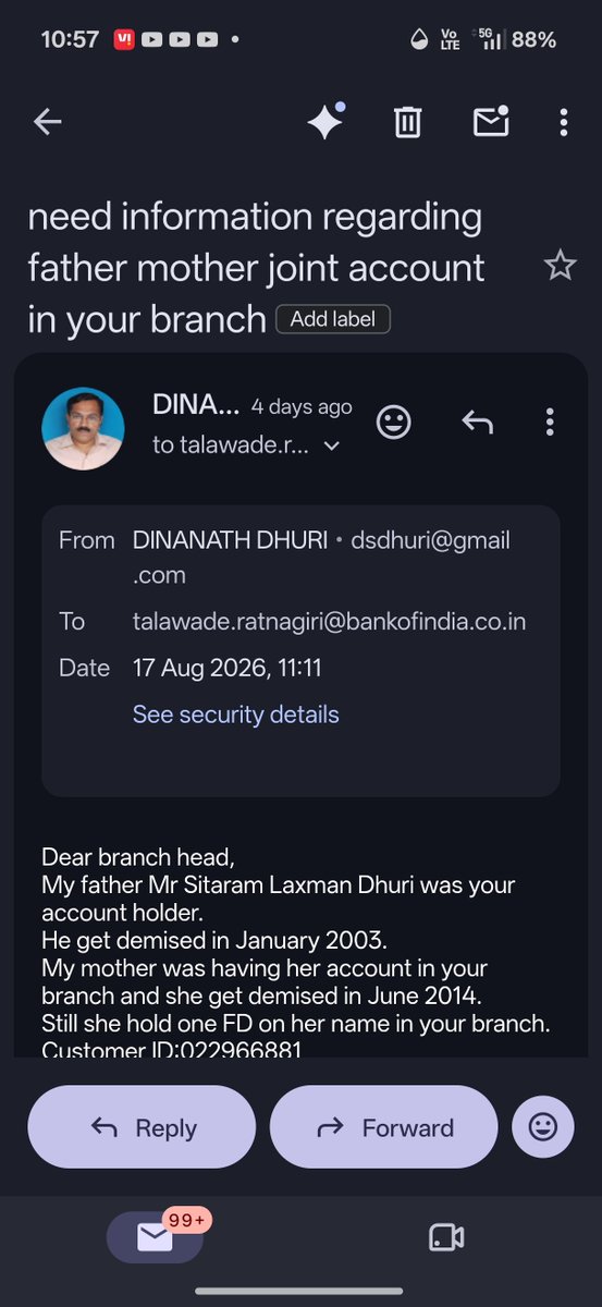 dsdhuri's tweet photo. Dear sir, madam
I have sent mail to talawade.ratnagiri@bankofindia.co.in from my email ID dsdhuri@gmail.com 
I am continuously calling branch and they are just telling reply will be given but not doing anything 
Dinanath Dhuri 
9768111547
@BankofIndia_IN https://t.co/jv2LFct4bg