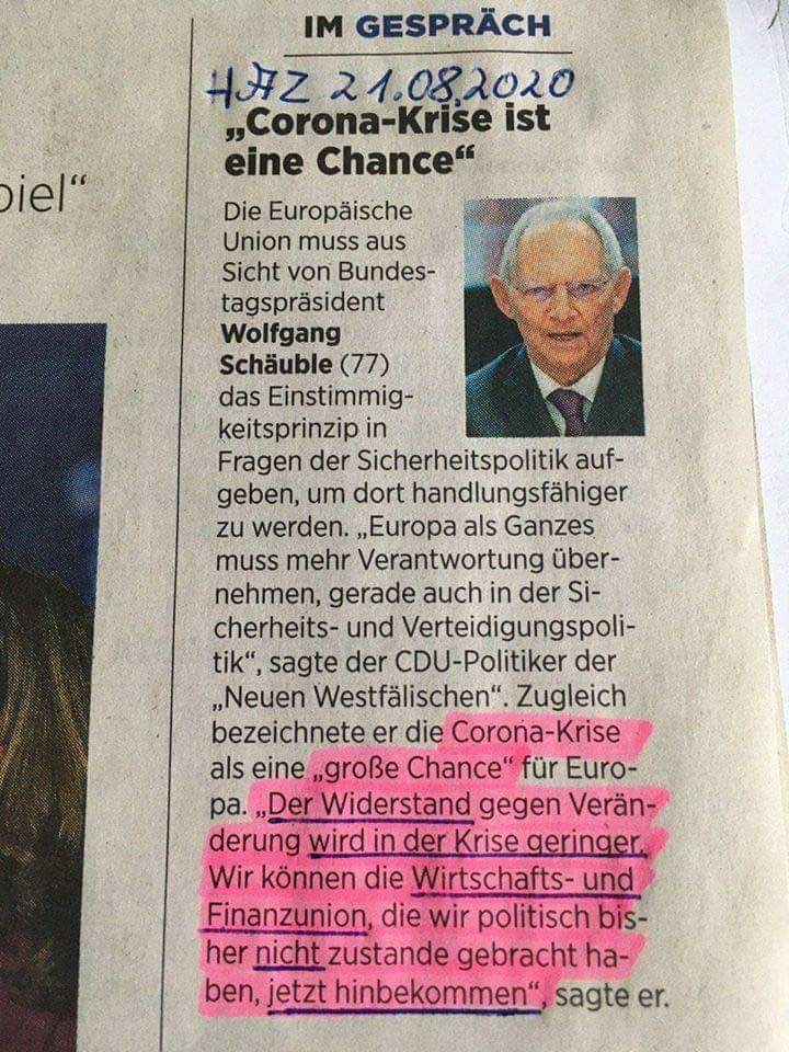Tom_Bayou's tweet photo. "Die Corona-Krise ist eine große Chance. Der Widerstand gegen Veränderung wird in der Krise geringer. Wir können die Wirtschafts- und Finanzunion, die wir politisch bisher nicht zustande gebracht haben, jetzt hinbekommen."

21.08.2020 #RichtigErinnern https://t.co/4rl4hv2J0z